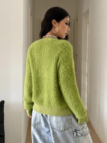 StreetHx Women's Streetwear Autumn/Winter Solid Color Y2K Long Sleeve Loose Fluffy V-Neck New Chinese Style Button Knit Cardigan - Green - View 2