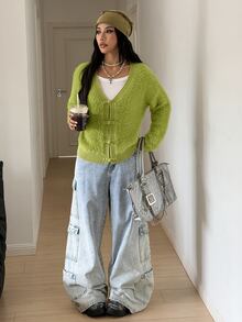 StreetHx Women's Streetwear Autumn/Winter Solid Color Y2K Long Sleeve Loose Fluffy V-Neck New Chinese Style Button Knit Cardigan - Green - View 1