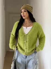 StreetHx Women's Streetwear Autumn/Winter Solid Color Y2K Long Sleeve Loose Fluffy V-Neck New Chinese Style Button Knit Cardigan - Green - View 4