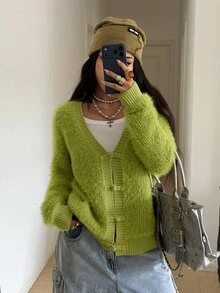 StreetHx Women's Streetwear Autumn/Winter Solid Color Y2K Long Sleeve Loose Fluffy V-Neck New Chinese Style Button Knit Cardigan - Green - View 5