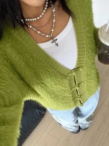 StreetHx Women's Streetwear Autumn/Winter Solid Color Y2K Long Sleeve Loose Fluffy V-Neck New Chinese Style Button Knit Cardigan - Green - View 6