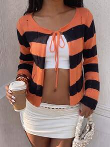 Glamine Women's Street Style Striped Colorblock Tie-Front Knit Cardigan - Multicolor - View 9