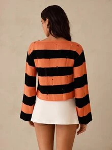 Glamine Women's Street Style Striped Colorblock Tie-Front Knit Cardigan - Multicolor - View 2