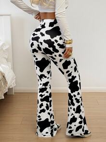 SHEIN EZwear Spring Dress Cow Print High-Rise Flare Pants - Black and White - View 2