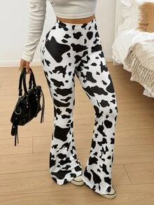 SHEIN EZwear Spring Dress Cow Print High-Rise Flare Pants - Black and White - View 4
