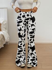 SHEIN EZwear Spring Dress Cow Print High-Rise Flare Pants - Black and White - View 3
