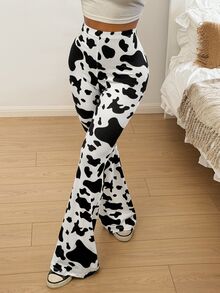SHEIN EZwear Spring Dress Cow Print High-Rise Flare Pants - Black and White - View 6