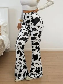 SHEIN EZwear Spring Dress Cow Print High-Rise Flare Pants - Black and White - View 1