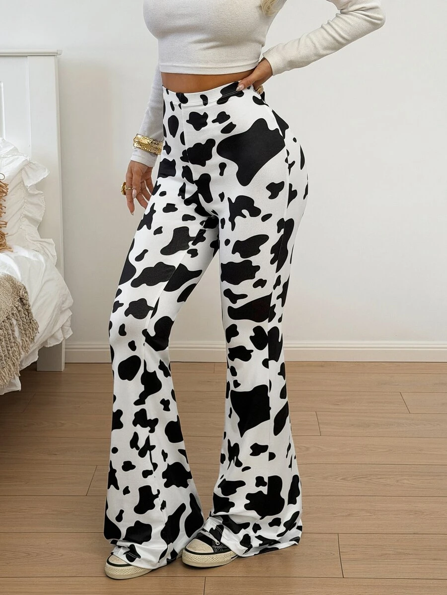 SHEIN EZwear Spring Dress Cow Print High-Rise Flare Pants - Black and White - View 1