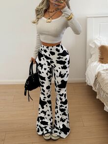 SHEIN EZwear Spring Dress Cow Print High-Rise Flare Pants - Black and White - View 5