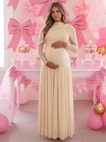 Loomaby Maternity Solid Color Pleated Casual Romantic Elegant Party Photoshoot Baby Shower Dress Fall Beige - Apricot - View 1