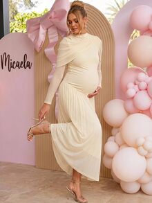Loomaby Maternity Solid Color Pleated Casual Romantic Elegant Party Photoshoot Baby Shower Dress Fall Beige - Apricot - View 2