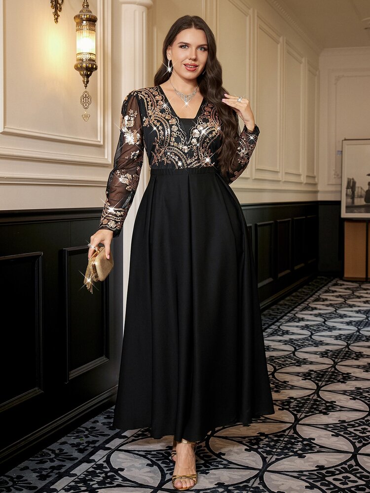 Reflora Plus Size Women's Elegant Patchwork Sequin Mesh Dress Fall - Black - View 6