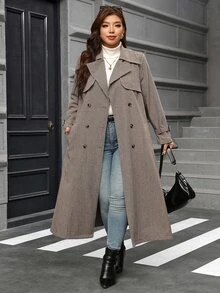 SHEIN Clasi Plus Size Women's Commuter Formal Business Lapel Double-Breasted Plaid Trench Coat Fall White Elegant Casual - Multicolor - View 4