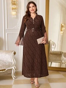 Reflora Plus Size Lace French Style Faux Pearl Button Party Dinner Formal Wedding Date Night Evening Dress Brown Fall Elegant Romantic - Brown - View 8