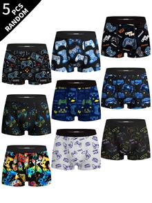 5pcs Random Assorted Tween Boys Boxer Briefs, Multiple Game Console Cartoon Prints, Soft Skin-Friendly, Elastic Waistband, Boys Daily Boxer Underwear - Grey - View 3