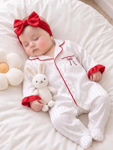Newborn Baby Bowknot Pattern Pocket Design Long Sleeve Romper - White - View 3