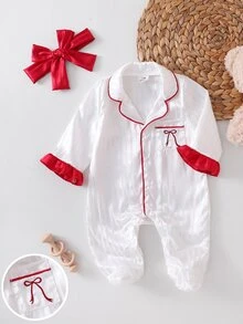 Newborn Baby Bowknot Pattern Pocket Design Long Sleeve Romper - White - View 4