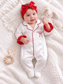 Newborn Baby Bowknot Pattern Pocket Design Long Sleeve Romper - White - View 7