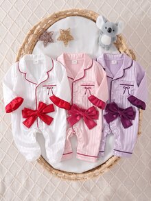Newborn Baby Bowknot Pattern Pocket Design Long Sleeve Romper - White - View 1