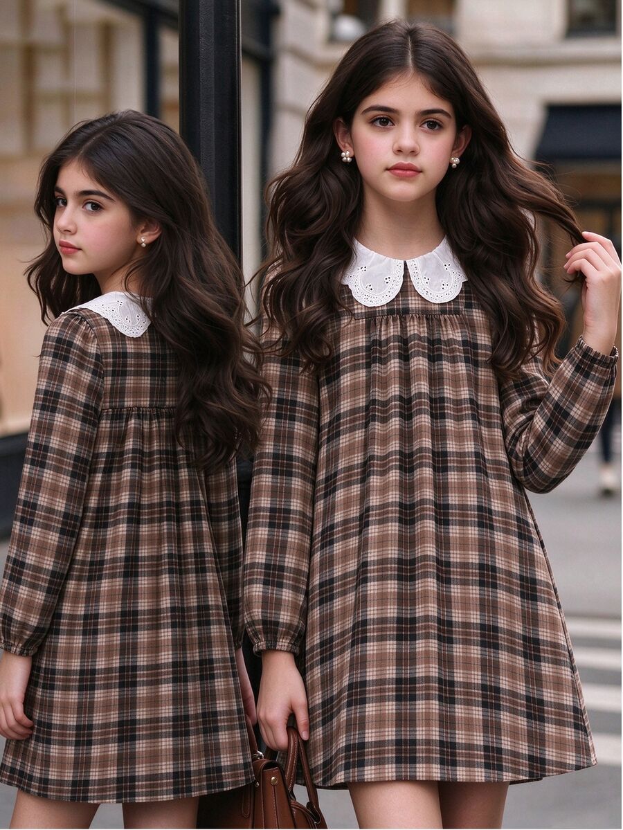 SHEIN Tween女孩彼得潘領格紋長袖洋裝，復古秋季A字中長休閒洋裝 - 棕色 - 查看 1