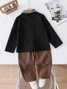 SHEIN 2件組小男孩休閒運動學院街頭風可愛酷帥長袖POLO衫+長褲，適合日常穿著、上學、外出、運動，春秋季節穿著，整體設計簡約優雅，男孩穿著此套裝將感到舒適並展現休閒時尚形象 - 彩色 - 查看 2