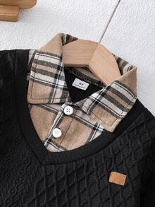 SHEIN 2件組小男孩休閒運動學院街頭風可愛酷帥長袖POLO衫+長褲，適合日常穿著、上學、外出、運動，春秋季節穿著，整體設計簡約優雅，男孩穿著此套裝將感到舒適並展現休閒時尚形象 - 彩色 - 查看 6