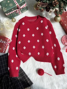 SHEIN 女童冬季時尚休閒甜美櫻桃針織套頭毛衣 - 酒紅色 - 查看 1