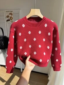 SHEIN 女童冬季時尚休閒甜美櫻桃針織套頭毛衣 - 酒紅色 - 查看 5