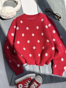 SHEIN 女童冬季時尚休閒甜美櫻桃針織套頭毛衣 - 酒紅色 - 查看 7