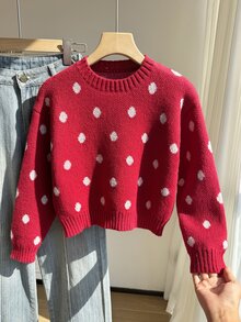 SHEIN 女童冬季時尚休閒甜美櫻桃針織套頭毛衣 - 酒紅色 - 查看 4