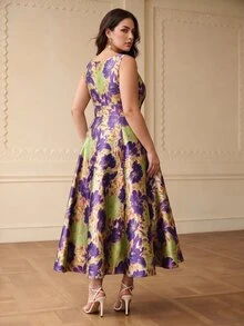 ZEYLAH Plus Size Women's Elegant Sleeveless Jacquard V-Neck Dress - Purple - View 6