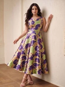 ZEYLAH Plus Size Women's Elegant Sleeveless Jacquard V-Neck Dress - Purple - View 2