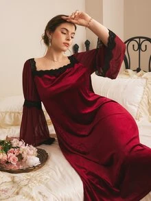 Côtesoire Plus Size Women's Contrast Lace Square Neck Flare Sleeve Elegant Nightgown - Burgundy - View 1