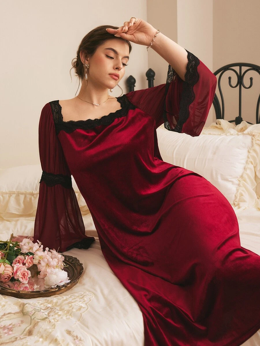 Côtesoire Plus Size Women's Contrast Lace Square Neck Flare Sleeve Elegant Nightgown - Burgundy - View 1