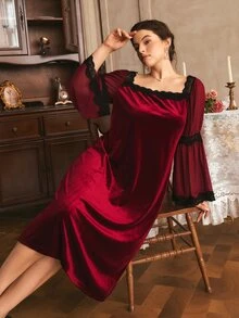 Côtesoire Plus Size Women's Contrast Lace Square Neck Flare Sleeve Elegant Nightgown - Burgundy - View 4