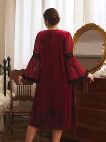 Côtesoire Plus Size Women's Contrast Lace Square Neck Flare Sleeve Elegant Nightgown - Burgundy - View 2