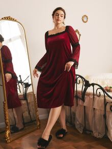 Côtesoire Plus Size Women's Contrast Lace Square Neck Flare Sleeve Elegant Nightgown - Burgundy - View 5