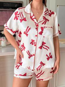 Slumberry CURVE 甜美可愛 INS 風蝴蝶結印花對比色鈕扣飾邊翻領前開襟緞面大尺碼女款睡衣套裝 - 玫瑰紅 - 查看 3