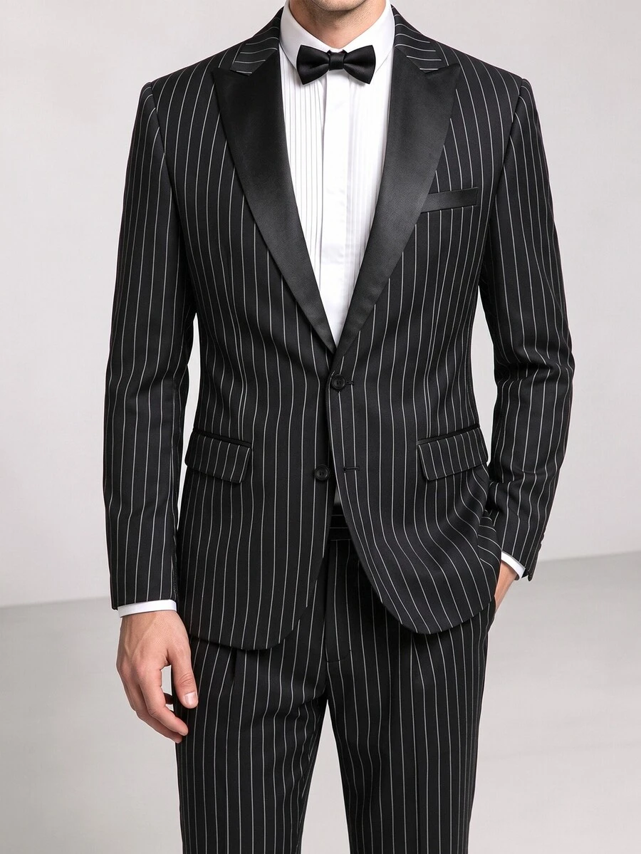 Manfinity Mode Men Pininstripe Suits 2 Pieces Regular Fit Stripe Suit Men's Tuxedos Prom Jacket And Pants Business Set Fashion - Black - View 1