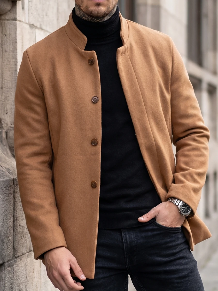 Manfinity CasualCool Men's Street Minimalist Button Long Sleeve Overcoat - Khaki - View 1