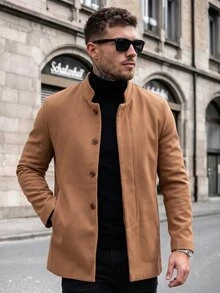 Manfinity CasualCool Men's Street Minimalist Button Long Sleeve Overcoat - Khaki - View 4