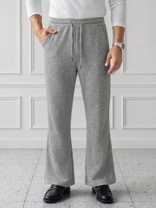 HUEFORM Men's Light Gray Linen-Like Flare Sweatpants, Elastic Waist With Drawstring, Draped Casual Pants, Minimalist Versatile Loose Floor-Length Trouser - Light Grey - View 4