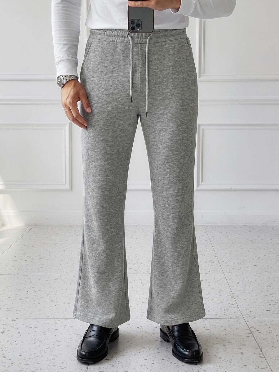 HUEFORM Men's Light Gray Linen-Like Flare Sweatpants, Elastic Waist With Drawstring, Draped Casual Pants, Minimalist Versatile Loose Floor-Length Trouser - Light Grey - View 1