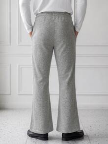 HUEFORM Men's Light Gray Linen-Like Flare Sweatpants, Elastic Waist With Drawstring, Draped Casual Pants, Minimalist Versatile Loose Floor-Length Trouser - Light Grey - View 2