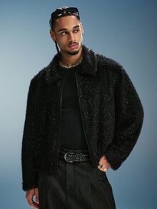 PAVTROS Áo khoác lông giả tay dài khóa kéo phong cách streetwear nam phiên bản lễ hội - màu đen - Xem 5