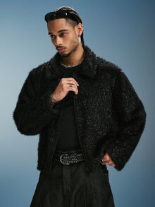 PAVTROS Áo khoác lông giả tay dài khóa kéo phong cách streetwear nam phiên bản lễ hội - màu đen - Xem 4