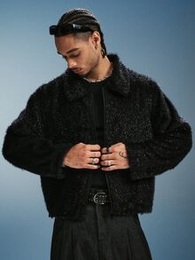 PAVTROS Áo khoác lông giả tay dài khóa kéo phong cách streetwear nam phiên bản lễ hội - màu đen - Xem 1