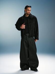 PAVTROS Áo khoác lông giả tay dài khóa kéo phong cách streetwear nam phiên bản lễ hội - màu đen - Xem 3