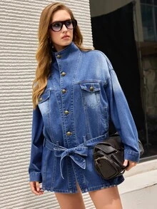 Selenza Women's Dropped Shoulder Long Sleeve Single-Breasted Casual Denim Jacket - Blue - View 4